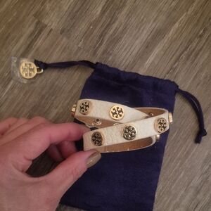 Tory Burch Cream Leather Bracelet with Gold Accents